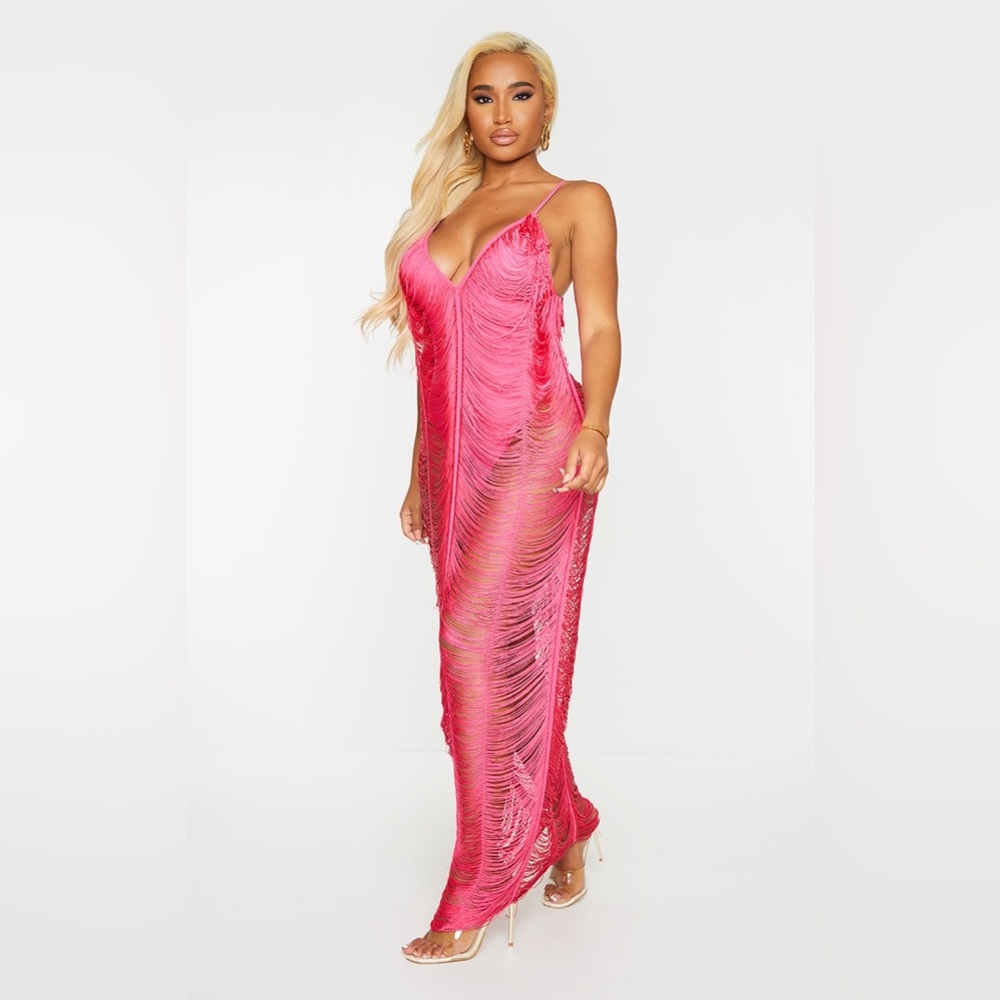 Pink fringe maxi dress